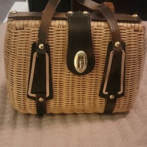 Unique Stylish Tan and Brown Leather And Wicker Handbag
